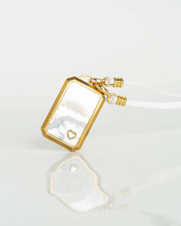 Collier Plaque Rectangle Nacre-Ruban 42 - Blanc - Or Jaune/Cristal