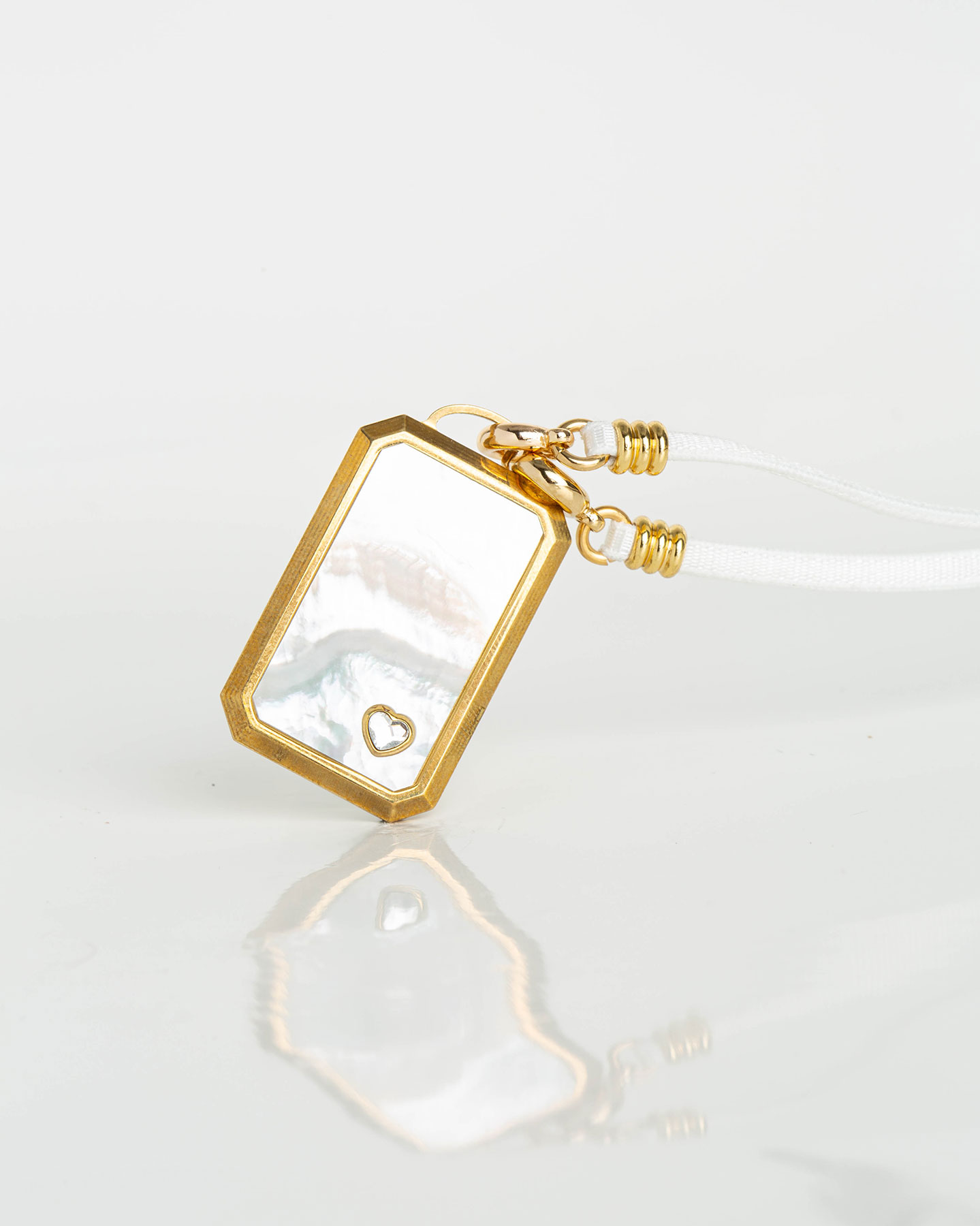 Collier Plaque Rectangle Nacre-Ruban 42 - Blanc - Or Jaune/Cristal