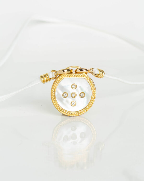 Collier Plaque Ronde Nacre-Ruban 42 - Blanc - Or Jaune/Cristal