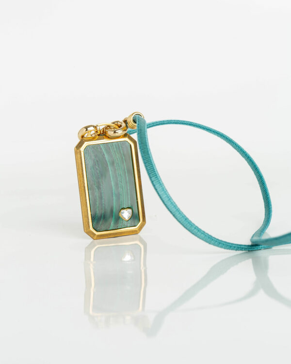 Collier Plaque Rectangle Malachite-Ruban 42 - Vert 1 - Or Jaune/Cristal