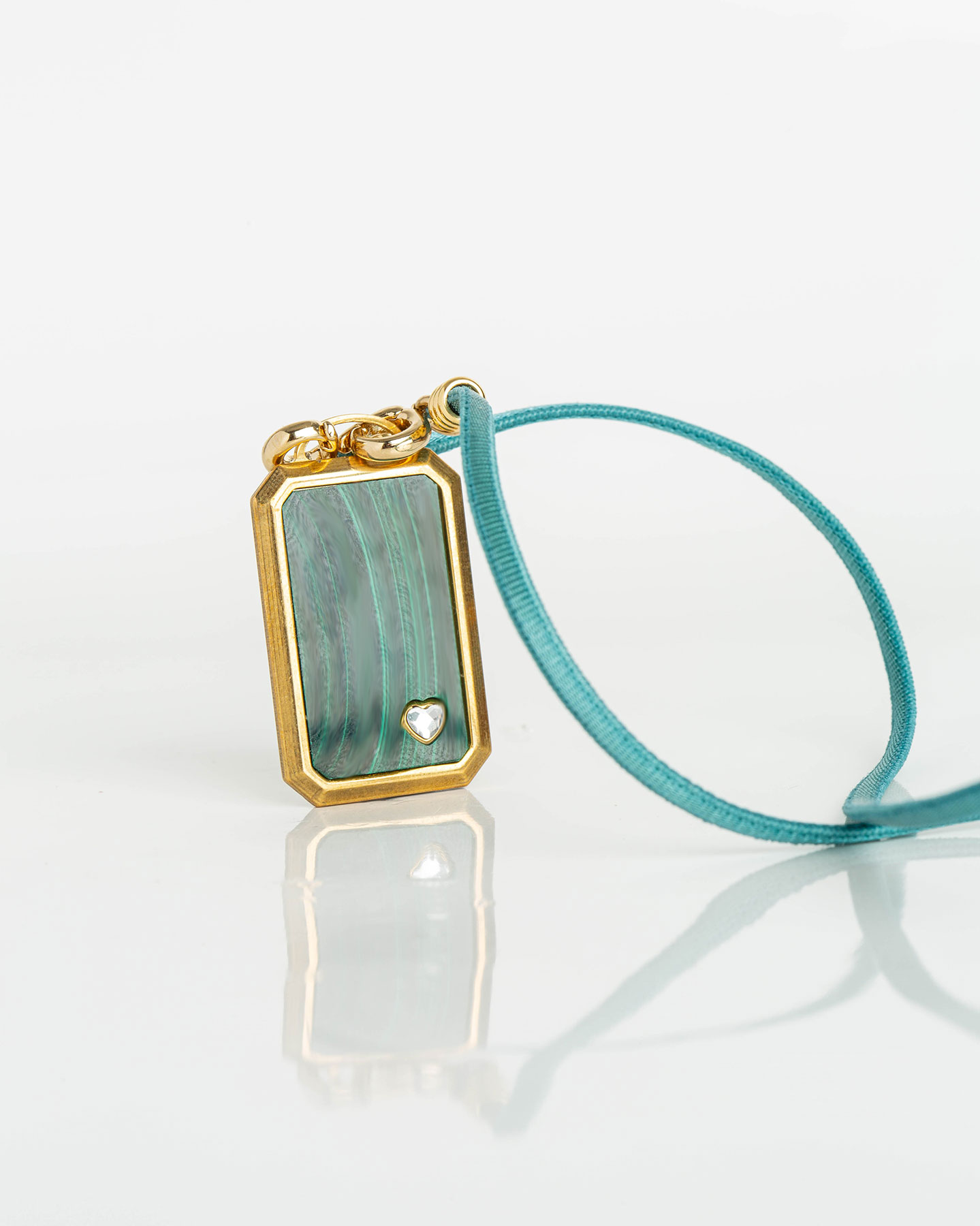 Collier Plaque Rectangle Malachite-Ruban 42 - Vert 1 - Or Jaune/Cristal