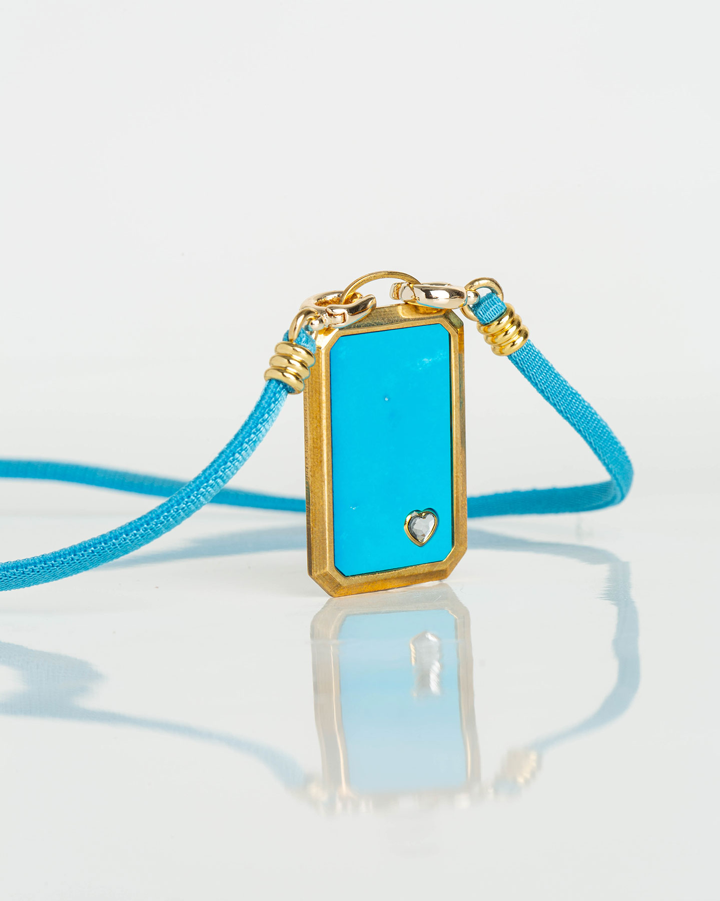 Collier Plaque Rectangle Turquoise-Ruban 42 - Turquoise - Or Jaune/Cristal